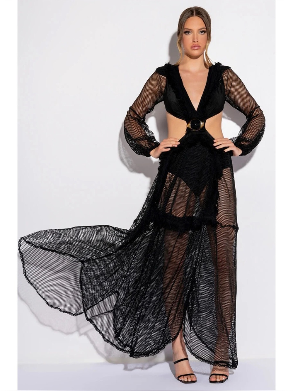 NWT Akira Fall Into Love Black Knit Mesh Maci Dress Bodysuit Cutout Medium